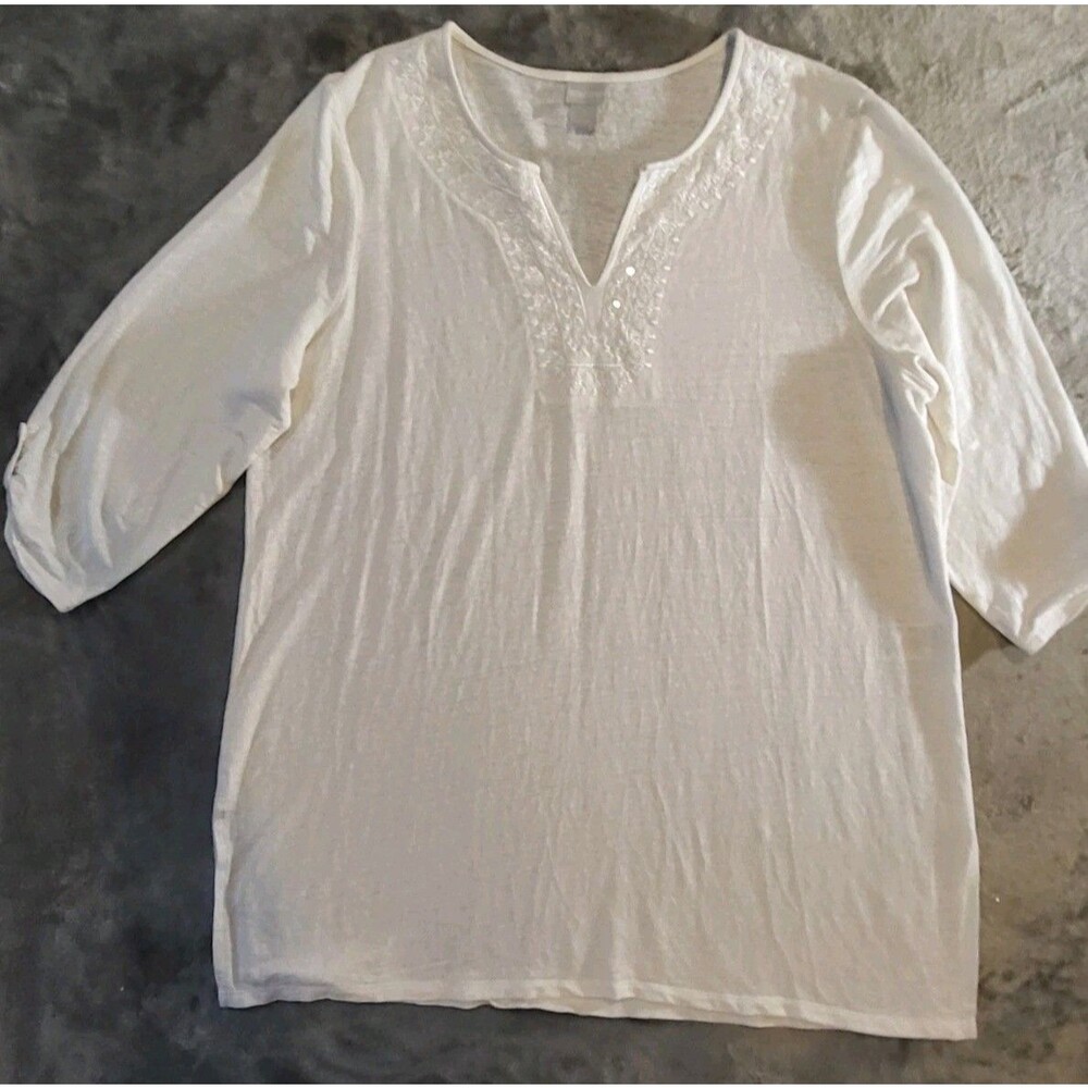 Chicos Top Women XL White Alabaster Roll Tab Sleeve Knit Embroider Linen Tunic